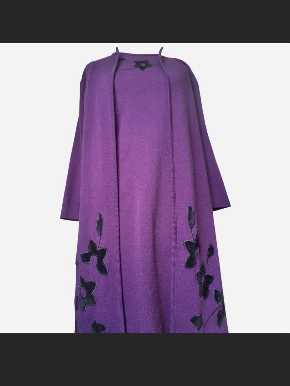 Leslie Fay Dress Cardigan Set Purple / Black Velvet Floral Applique Knit PS